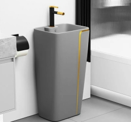 BỒN LAVABO TRỤ ĐỨNG SÀN MÀU XÁM CHỈ VIỀN VÀNG CAO CẤP HANDAY