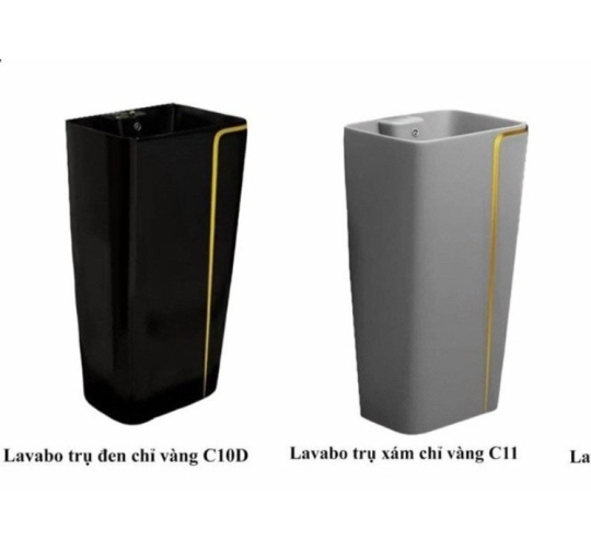 BỒN LAVABO TRỤ ĐỨNG SÀN MÀU XÁM CHỈ VIỀN VÀNG CAO CẤP HANDAY