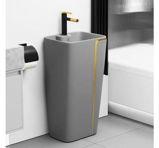 BỒN LAVABO TRỤ ĐỨNG SÀN MÀU XÁM CHỈ VIỀN VÀNG CAO CẤP HANDAY
